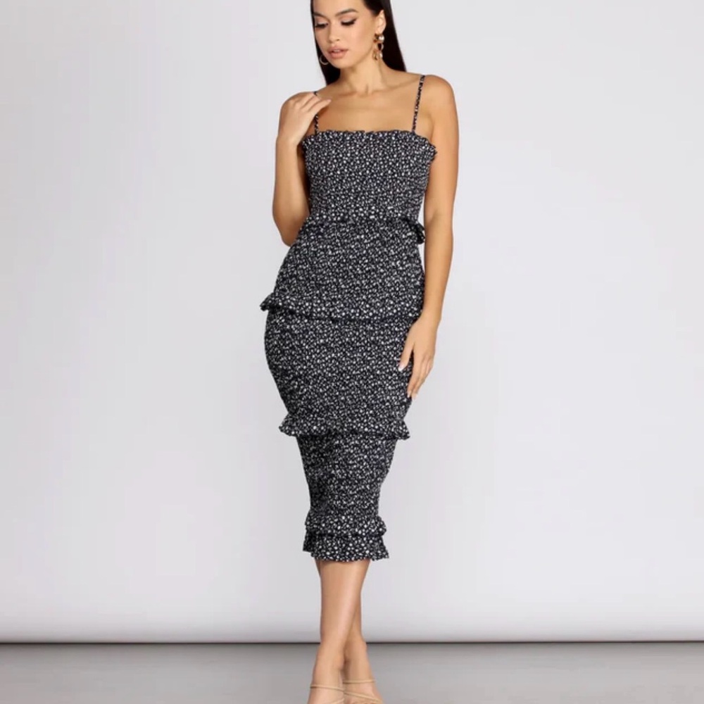 Navy Floral Ruffle Midi Dress